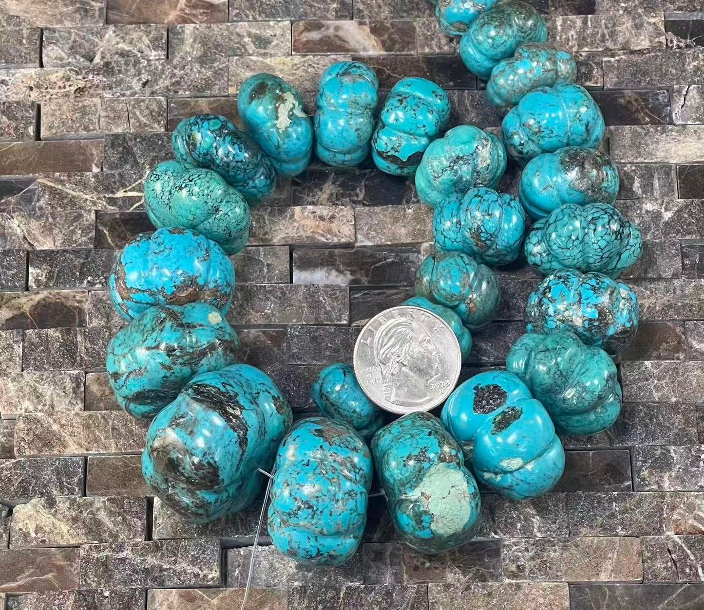 Rare Turquoise Graduated Carved Pumpkin Shape