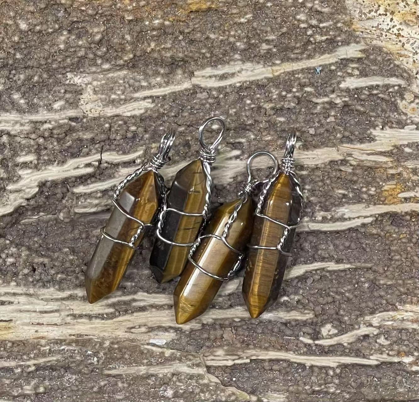 Gemstone Double Point Wire Wrapped Pendant (9-10x38-39mm) Amethyst, Crystal Quartz, Green Aventurine, Gold Sandstone, Obsidian, Rose Quartz, Tiger Eye