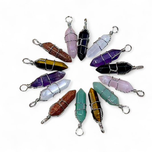 Gemstone Double Point Wire Wrapped Pendant (9-10x38-39mm) Amethyst, Crystal Quartz, Green Aventurine, Gold Sandstone, Onyx, Rose Quartz, Tiger Eye