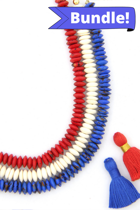 Bead Bundle: Red, White, Blue Handmade Heishi Disc Spacer Bone Beads, 9x3mm, 3 Strands, 195+ Beads