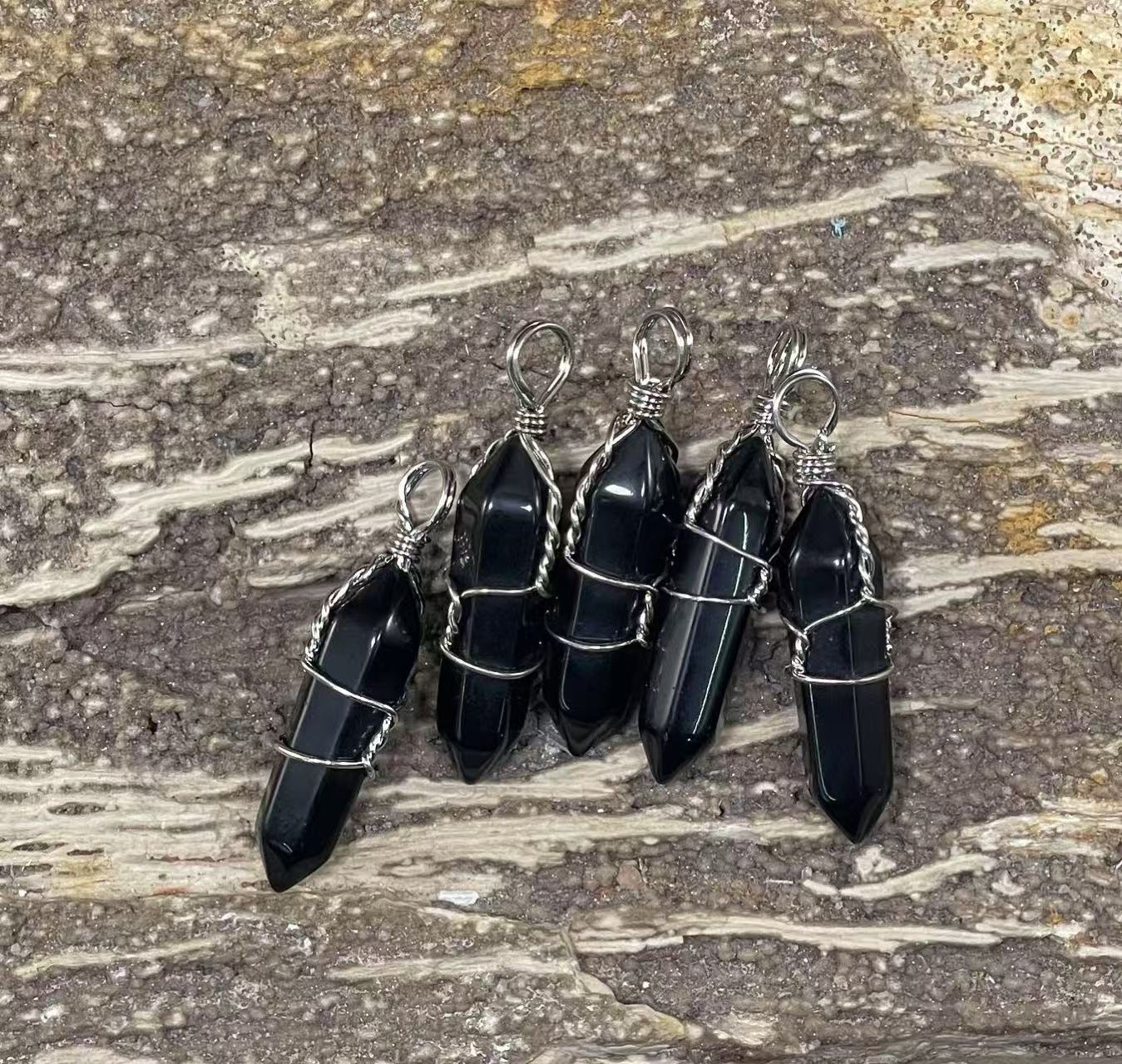 Gemstone Double Point Wire Wrapped Pendant (9-10x38-39mm) Amethyst, Crystal Quartz, Green Aventurine, Gold Sandstone, Obsidian, Rose Quartz, Tiger Eye