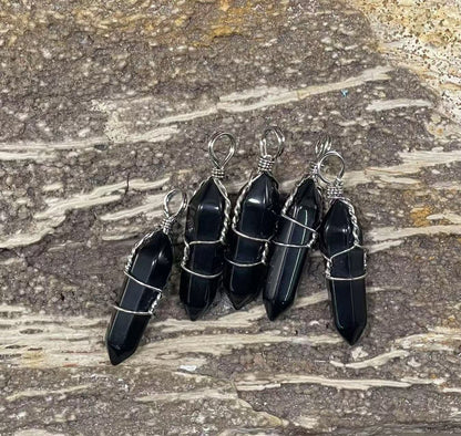 Gemstone Double Point Wire Wrapped Pendant (9-10x38-39mm) Amethyst, Crystal Quartz, Green Aventurine, Gold Sandstone, Obsidian, Rose Quartz, Tiger Eye