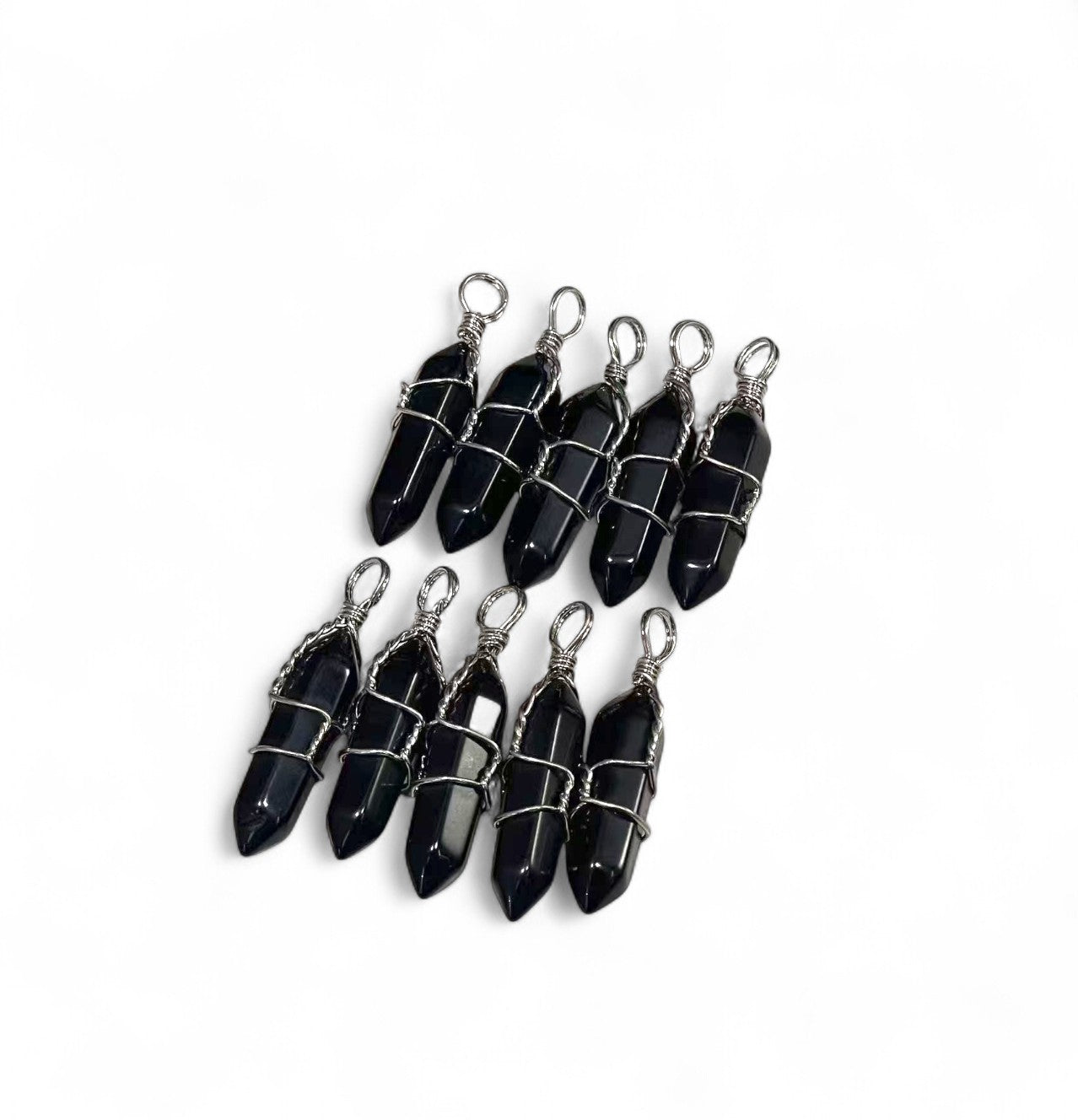 Gemstone Double Point Wire Wrapped Pendant (9-10x38-39mm) Amethyst, Crystal Quartz, Green Aventurine, Gold Sandstone, Obsidian, Rose Quartz, Tiger Eye