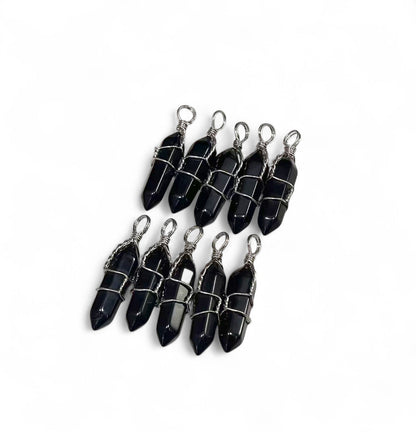 Gemstone Double Point Wire Wrapped Pendant (9-10x38-39mm) Amethyst, Crystal Quartz, Green Aventurine, Gold Sandstone, Obsidian, Rose Quartz, Tiger Eye