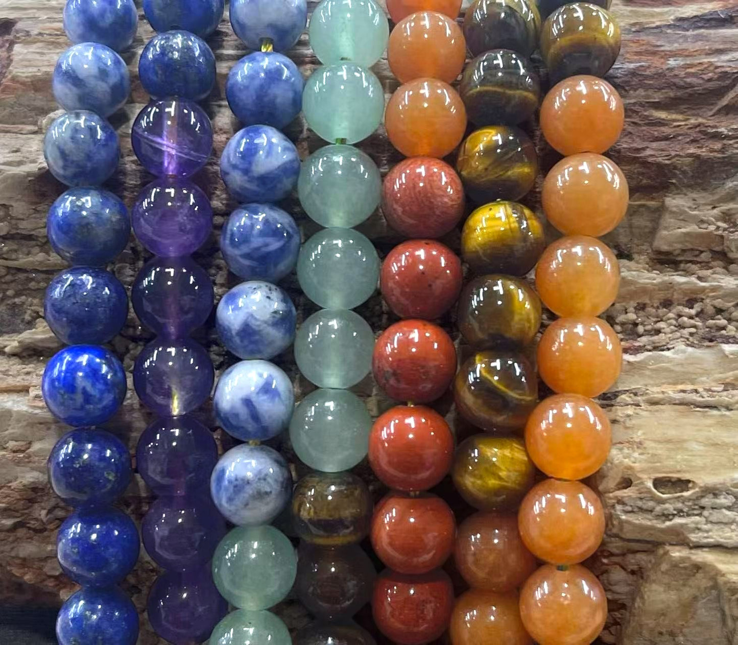 7 Chakra / Seven Stone Mix, (Amethyst, Lapis, Sodalite, Green Aventurine, Calcite, Red Jasper, Tiger Eye) Round 6mm 8mm