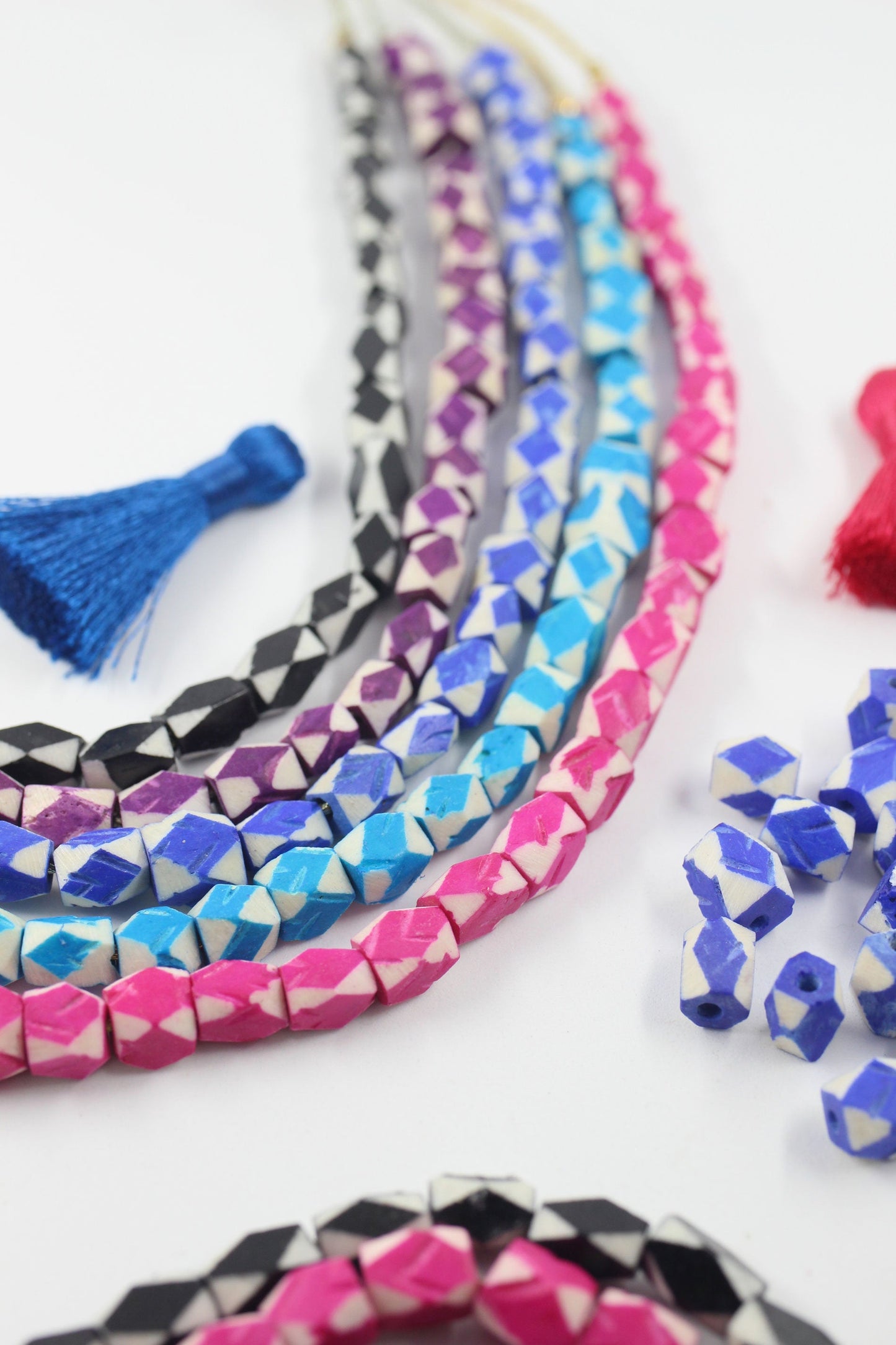 Argyle Faceted Geometric Bone Beads, Harlequin Charms, 7x8mm