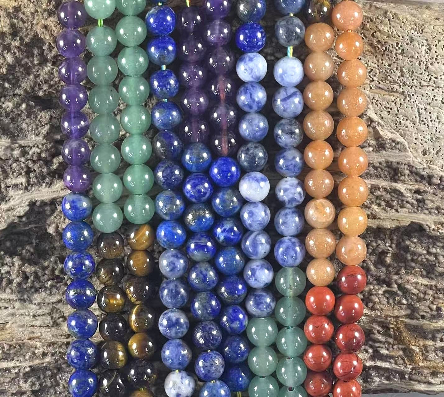 7 Chakra / Seven Stone Mix, (Amethyst, Lapis, Sodalite, Green Aventurine, Calcite, Red Jasper, Tiger Eye) Round 6mm 8mm