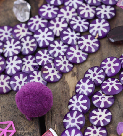 Cascading Sunburst Coin: Purple & White Painted Step Bone Beads, 16mm Charms