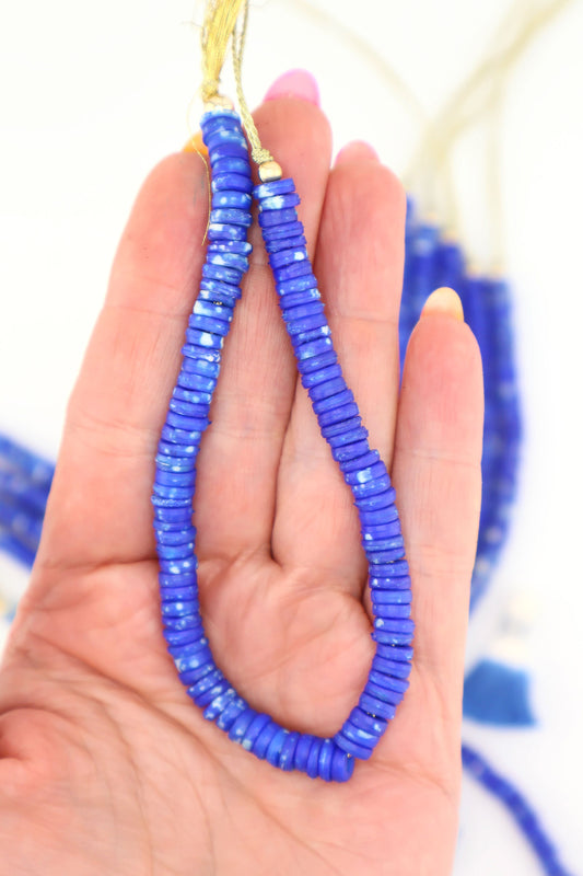 7mm Heishi Blue Speckled Bone Beads: Disc Spacers, 100 beads