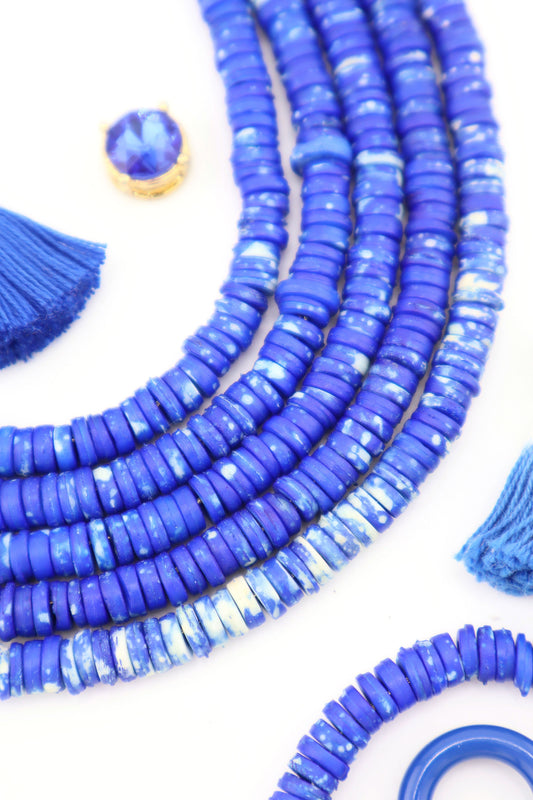 7mm Heishi Blue Speckled Bone Beads: Disc Spacers, 100 beads