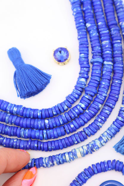 7mm Heishi Blue Speckled Bone Beads: Disc Spacers, 100 beads