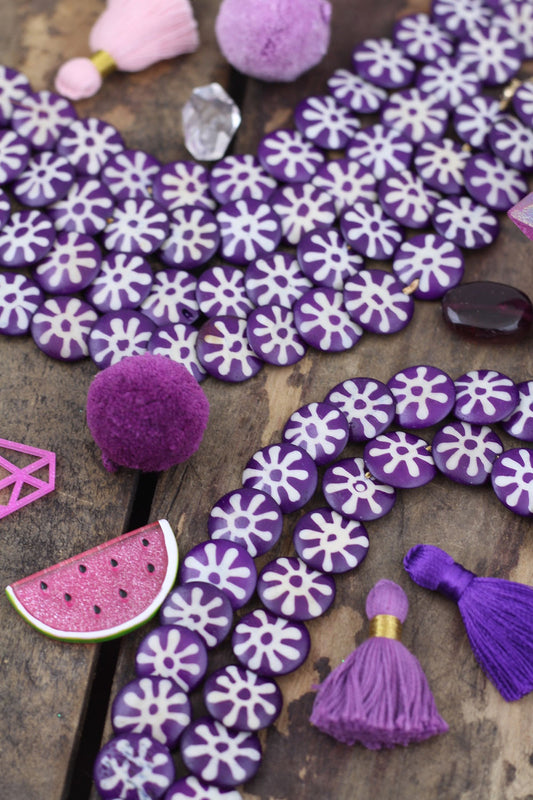 Cascading Sunburst Coin: Purple & White Painted Step Bone Beads, 16mm Charms
