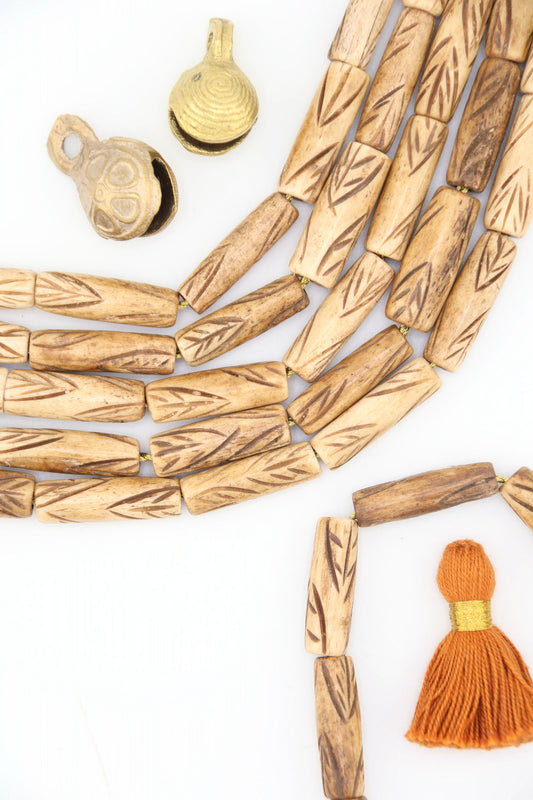 Carved Feather Pattern Tan Tube Bone Beads: 8x24mm, 10 Beads