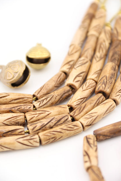 Carved Feather Pattern Tan Tube Bone Beads: 8x24mm, 10 Beads