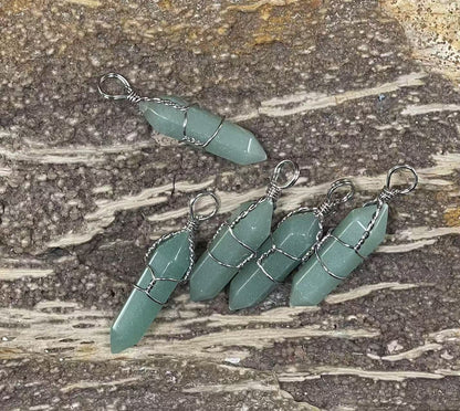 Gemstone Double Point Wire Wrapped Pendant (9-10x38-39mm) Amethyst, Crystal Quartz, Green Aventurine, Gold Sandstone, Obsidian, Rose Quartz, Tiger Eye