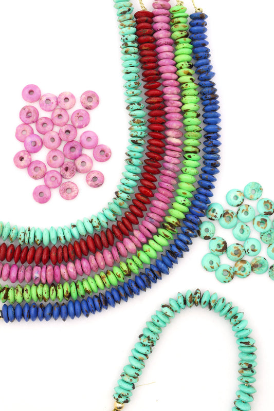 Bead Bundle: Handmade Saucer Disc Spacer Bone Beads, 9x3mm, 5 Strands & Colors, 300+ Beads