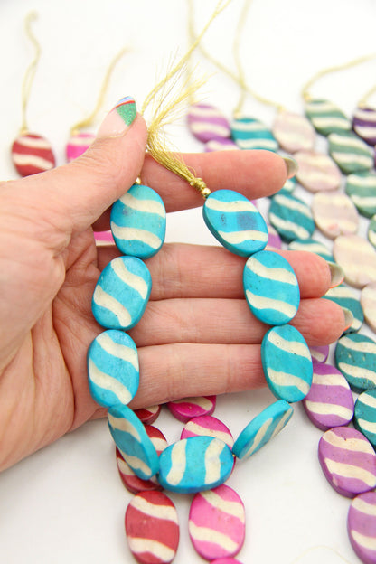 Carved Stripe Flat Oval Bone Beads, 17x24mm, 9 Easter Egg Beads