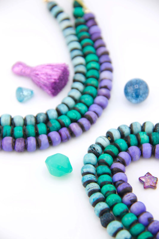 Aurora Borealis Inspired Handmade Rondelle Spacer Bone Beads, 8x7mm, Aqua, Teal, Purple