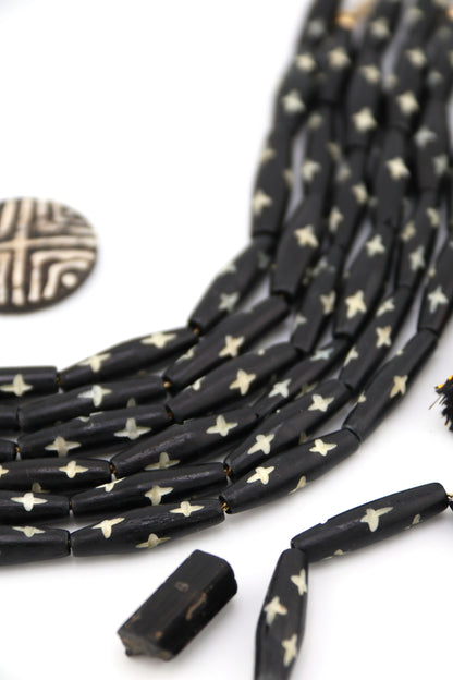 Black Bicone Tube with Carved Star Bone Beads: 8x25mm, 8 beads