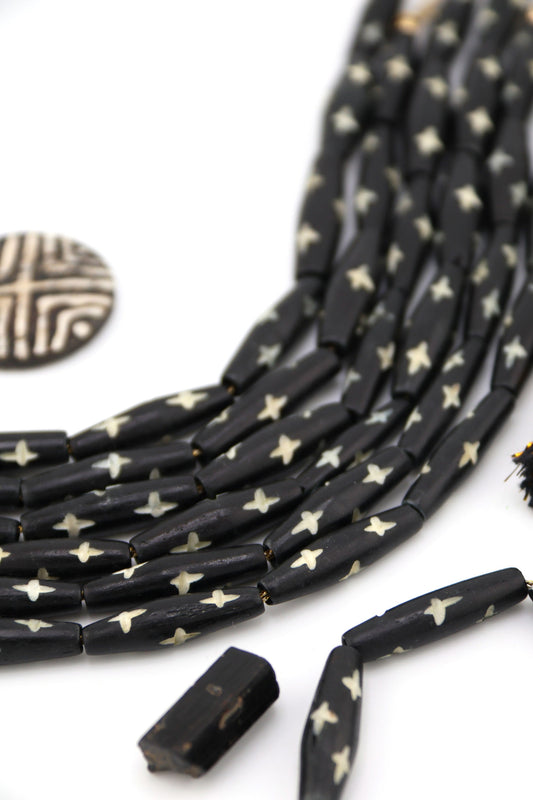 Black Bicone Tube with Carved Star Bone Beads: 8x25mm, 8 beads
