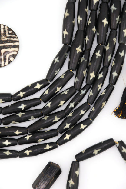 Black Bicone Tube with Carved Star Bone Beads: 8x25mm, 8 beads