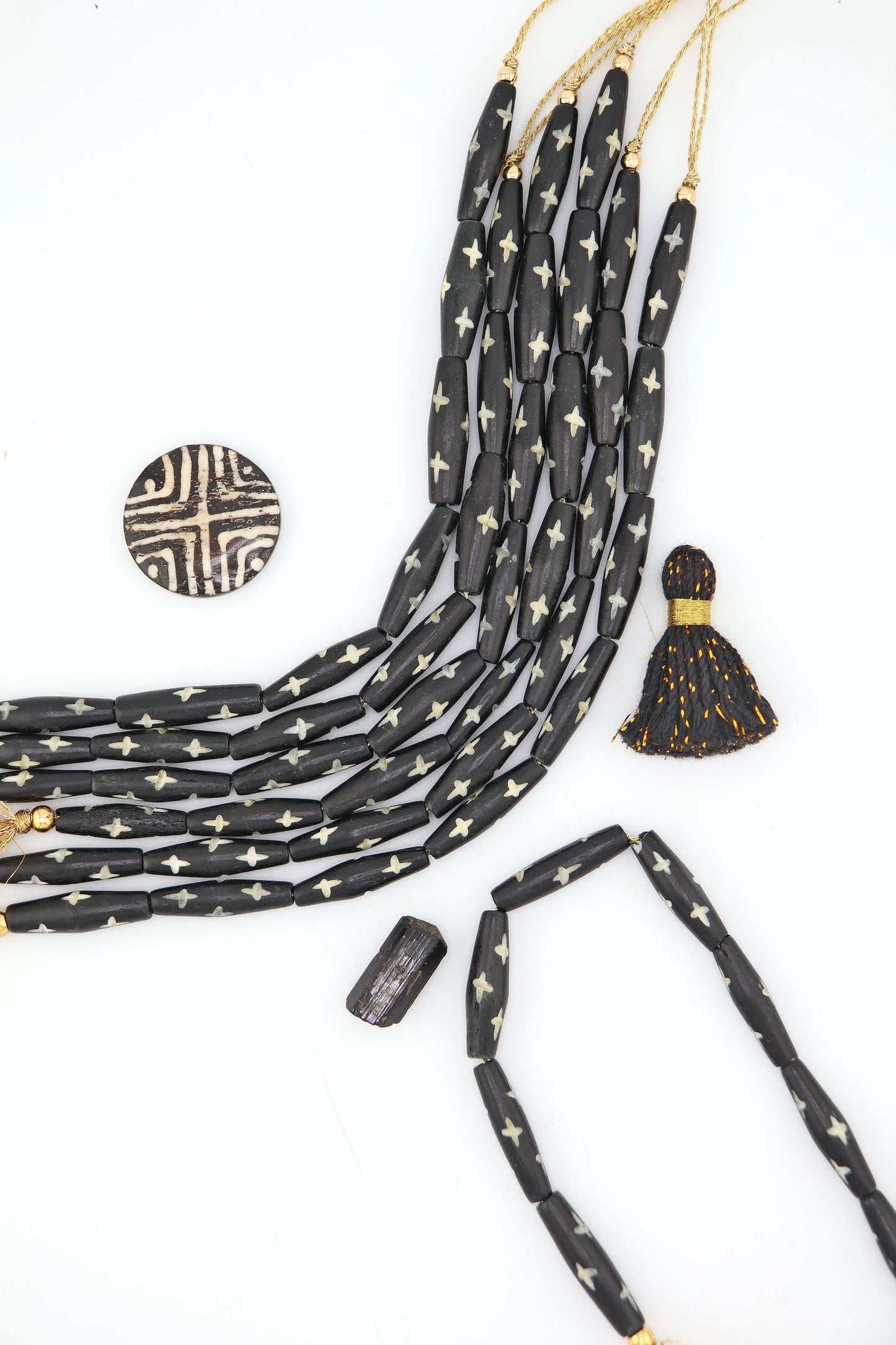 Black Bicone Tube with Carved Star Bone Beads: 8x25mm, 8 beads