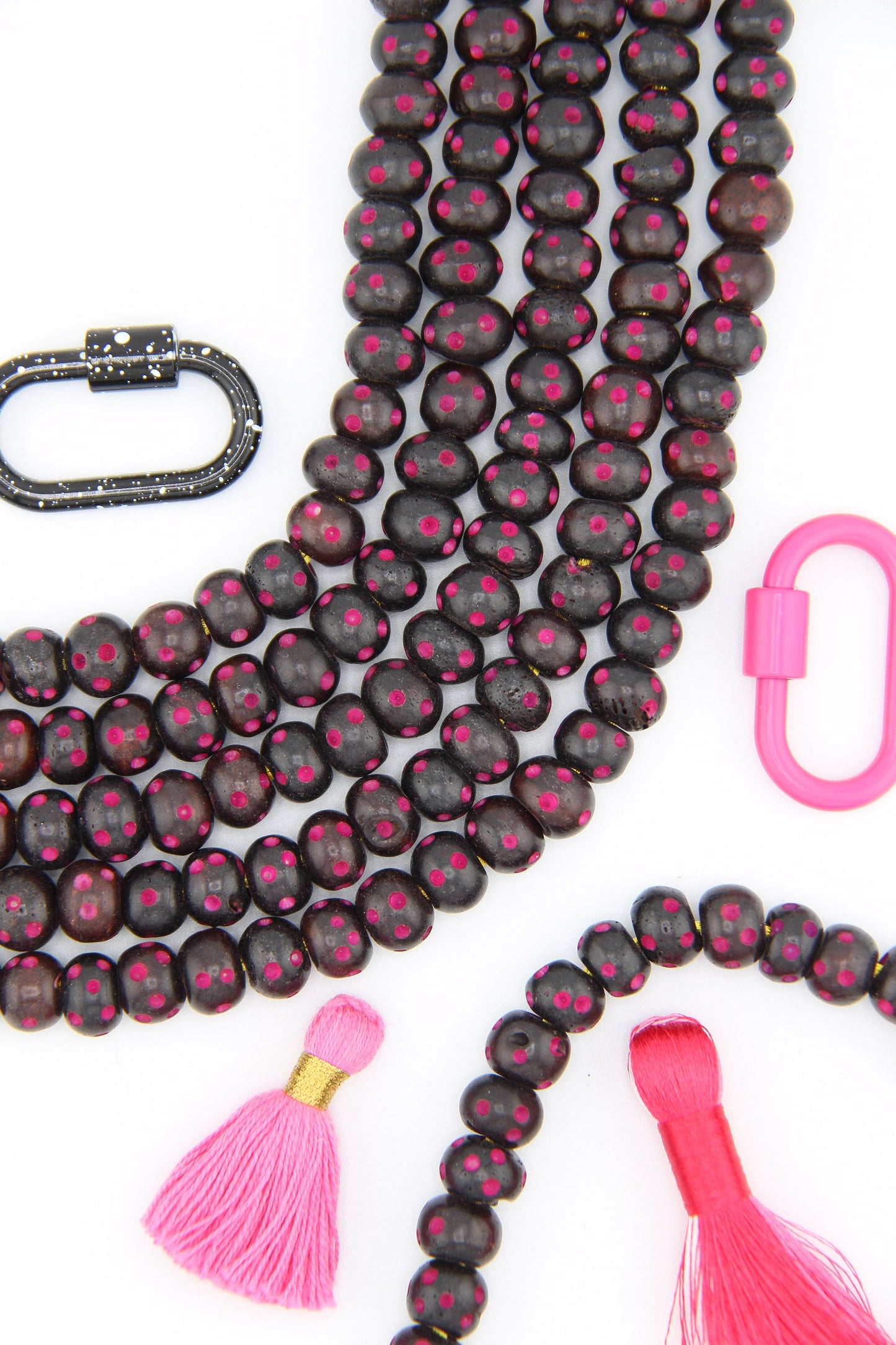 Black Rondelle w/ Hand Carved Magenta Pink Dots: Handmade Bone Beads, 10x7mm