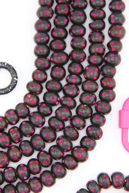 Black Rondelle w/ Hand Carved Magenta Pink Dots: Handmade Bone Beads, 10x7mm
