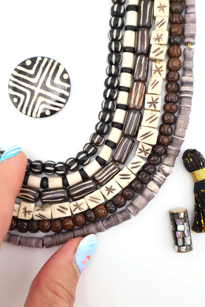 Bead Bundle: Handmade Bone Beads, Black, White, Grey, 6 Strands, Assorted Shapes & Sizes