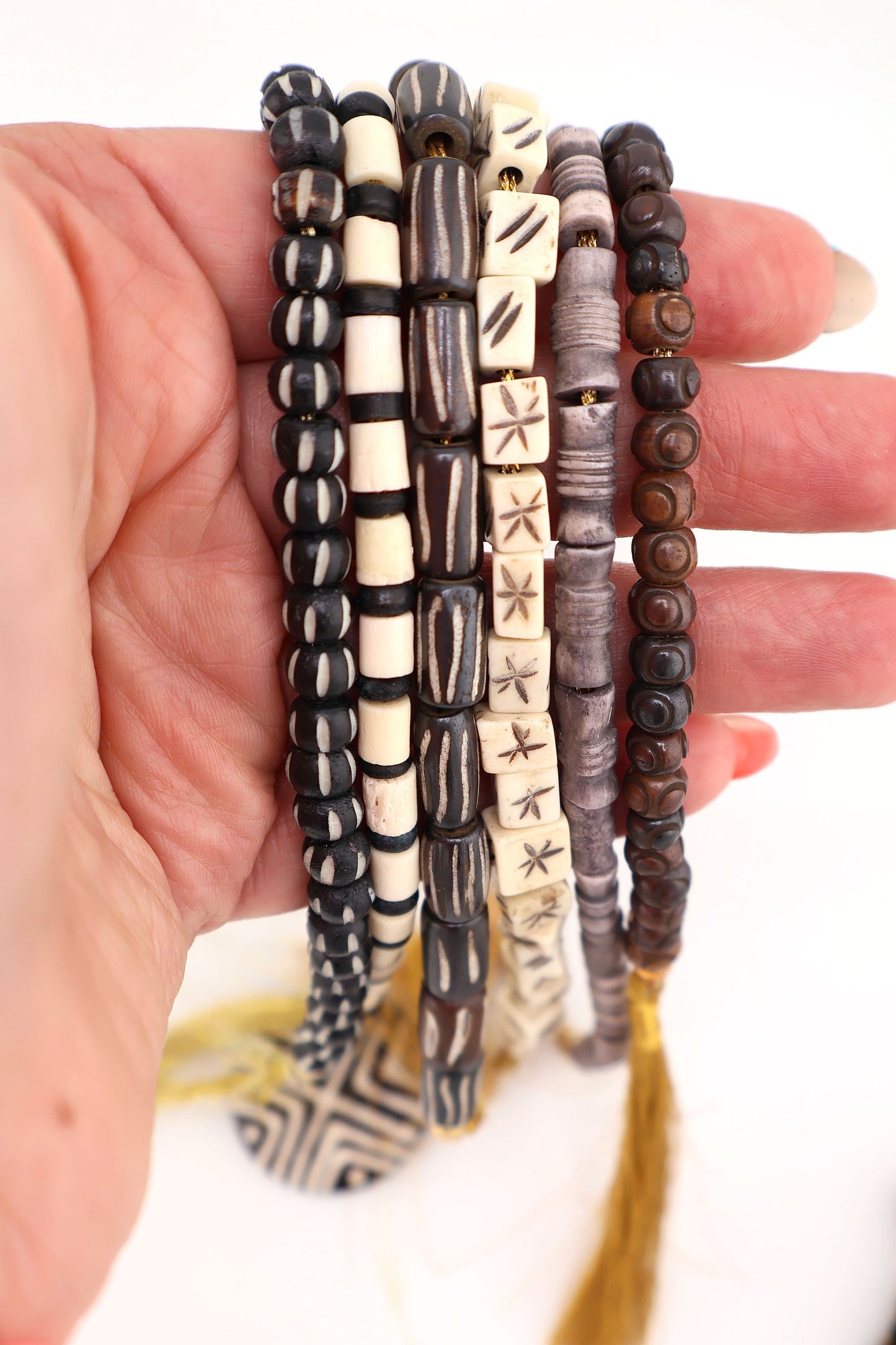 Bead Bundle: Handmade Bone Beads, Black, White, Grey, 6 Strands, Assorted Shapes & Sizes
