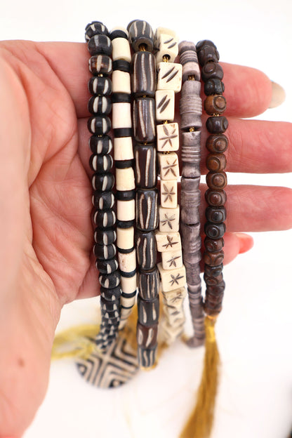 Bead Bundle: Handmade Bone Beads, Black, White, Grey, 6 Strands, Assorted Shapes & Sizes