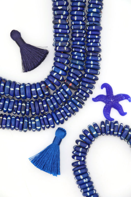 15mm Nautical Blue & White Striped Bone Beads: Disc Spacers, 55 beads