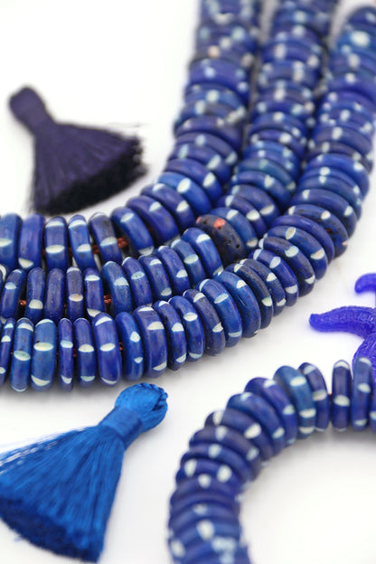 15mm Nautical Blue & White Striped Bone Beads: Disc Spacers, 55 beads