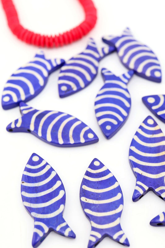 Blue & White Striped Fish Pendant: Hand Carved Bone, 1.75", 3 Charms