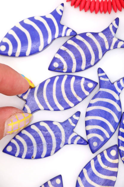 Blue & White Striped Fish Pendant: Hand Carved Bone, 1.75", 3 Charms