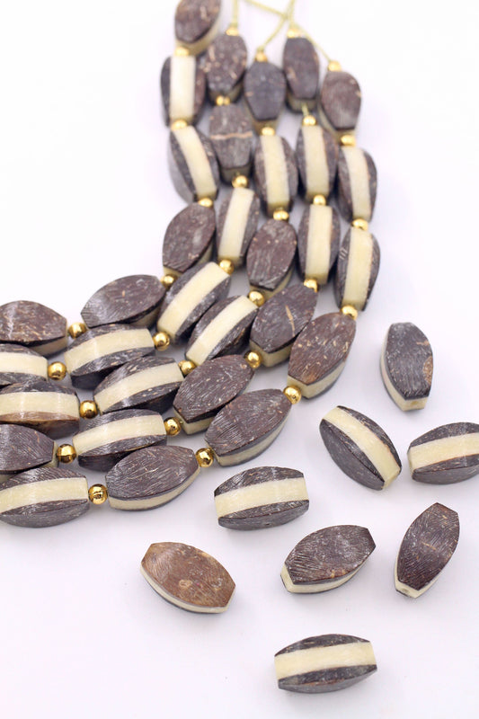 Bone Beads: Brown & Cream Layered Laminated Spacers, 11x21mm, 8 beads