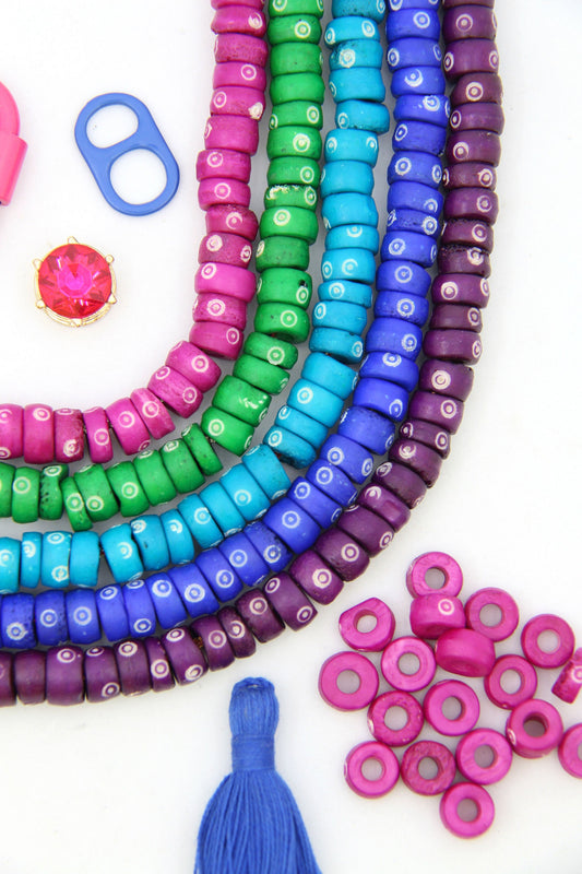 Bold & Bright Rondelle Bone Beads: Bullseye Hand Carved Pattern, 9x5mm, 40 beads