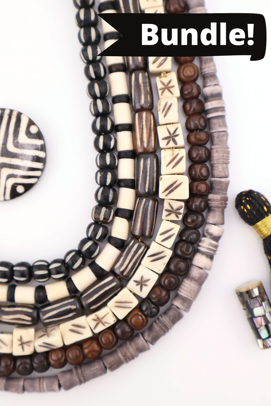 Bead Bundle: Handmade Bone Beads, Black, White, Grey, 6 Strands, Assorted Shapes & Sizes