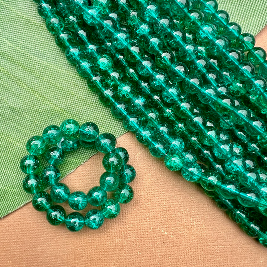 Teal Green Crackle Round Beads - 100 Pieces