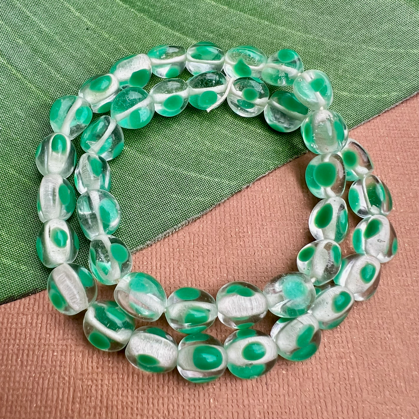 Green & Crystal Dotted 3 Sided Beads - 40 Pieces