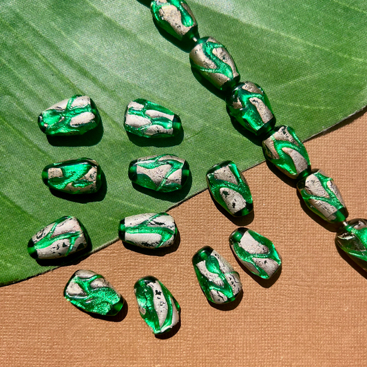 Vintage Green & Silver Foil Beads - 9 Pieces