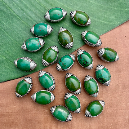 Green Turquoise & White Metal Oval Beads