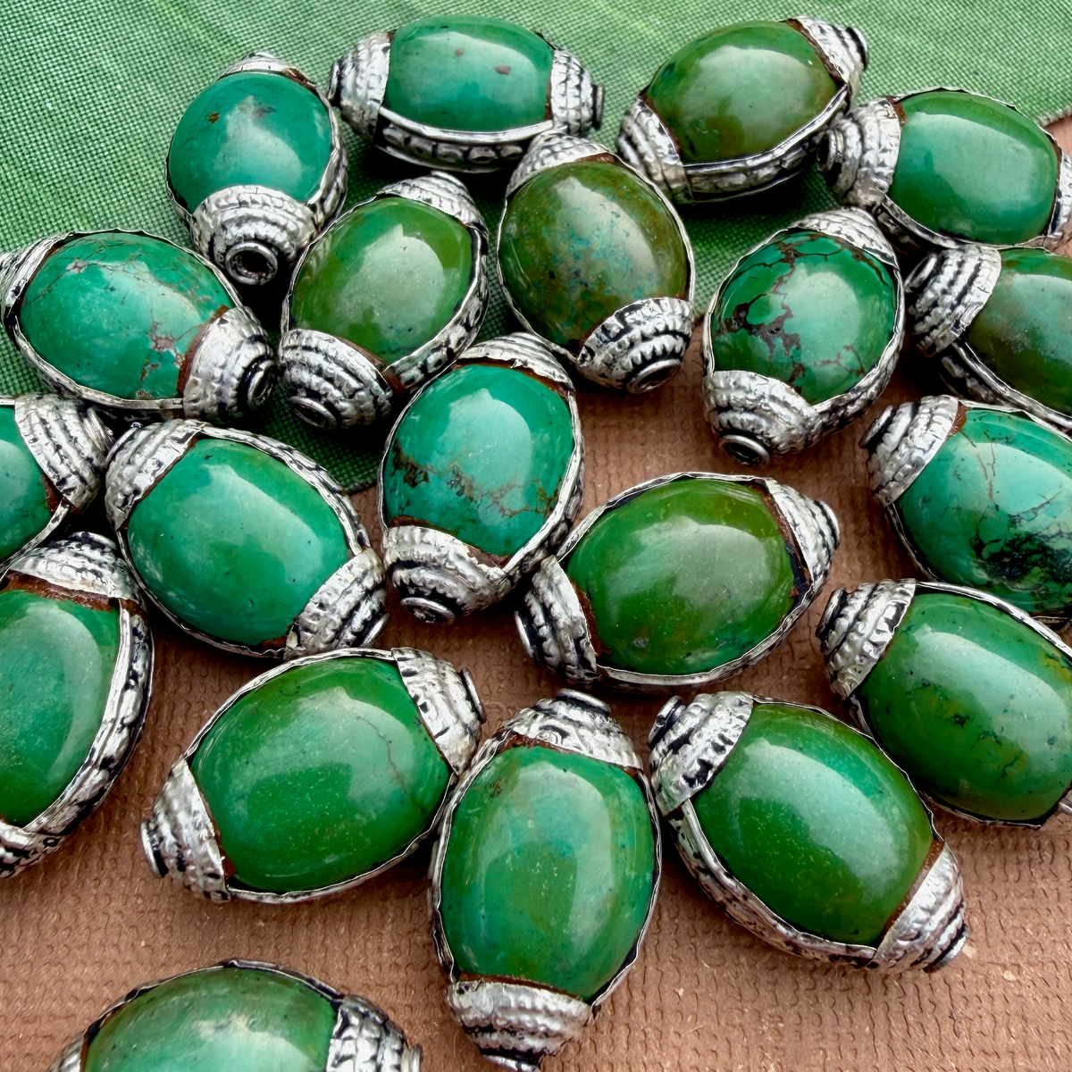 Green Turquoise & White Metal Oval Beads
