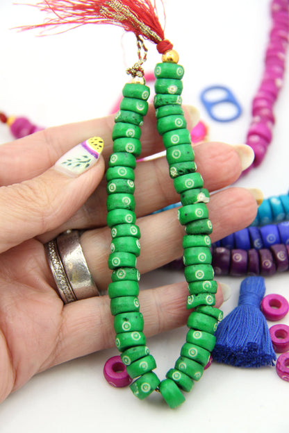 Bold & Bright Rondelle Bone Beads: Bullseye Hand Carved Pattern, 9x5mm, 40 beads