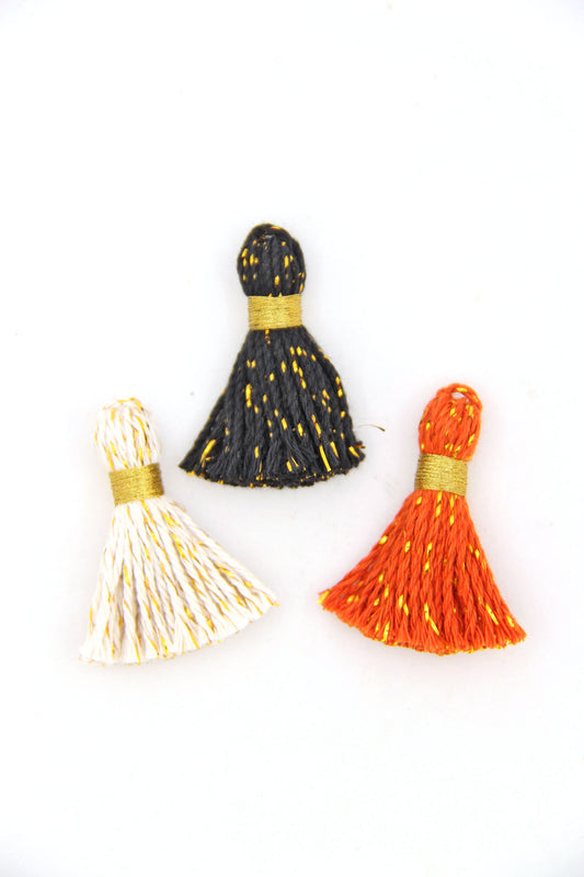 Halloween: Cotton & Sparkly Tinsel Tassels, 1.25" Orange & Black Fringe Pendants