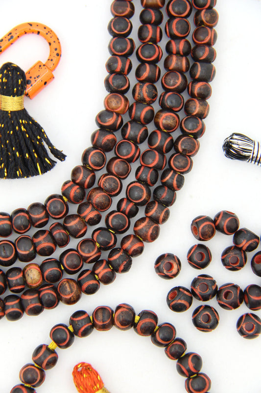 Black & Orange Eclipse Carved Rondelle Bone Beads, 9mm, for Halloween & Fall Crafts