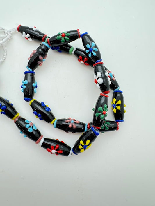 Lampwork Glass Tube 24mm Jet & Floral