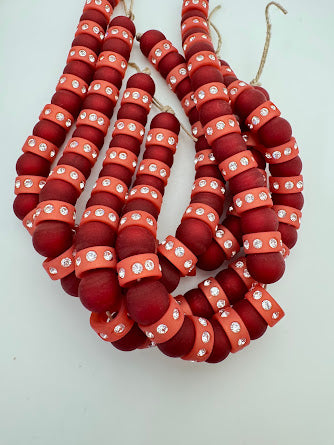 Rhinestone Bead Rondelle 14mm Coral Matte with Clear Rhinestones