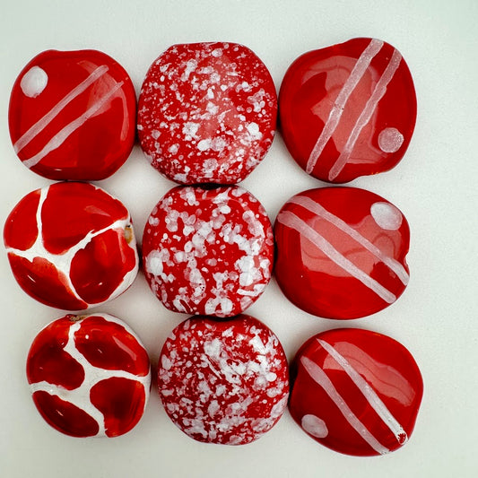 Kazuri Bead Pitapat - 21mm Lentil - Reds & Whites