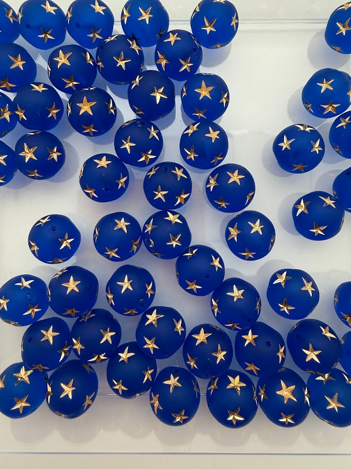 Round Bead with Stars 14mm Cobalt Matte with Gold Stars